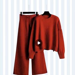 NWT XXL Rust Knit Lounge Set 2Piece Sweater & Wide Leg Pants Cozy Textured Knit